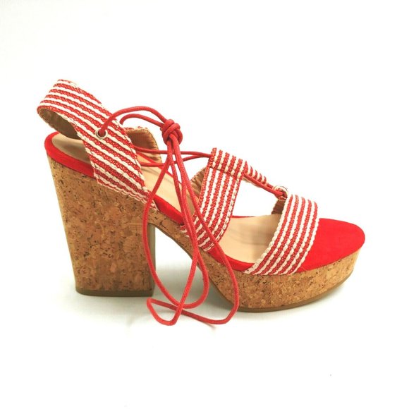 Yoki Womans Nolan 30 Fabric Lace Up High Heel Platform Sandals Red  Sz 8.5 M NEW - Picture 1 of 9